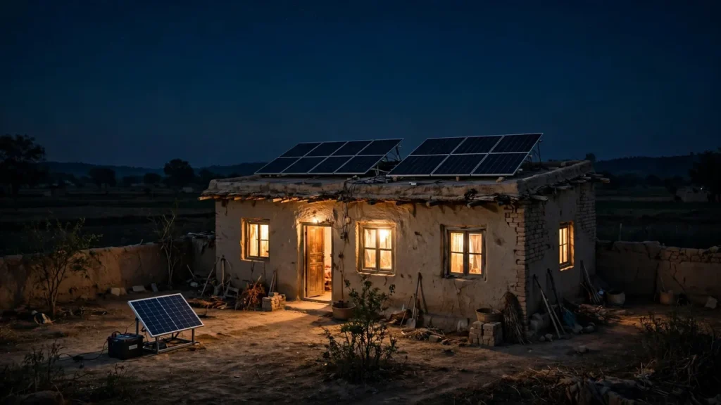 Rural home lit at night by its rooftop solar panels and battery storage