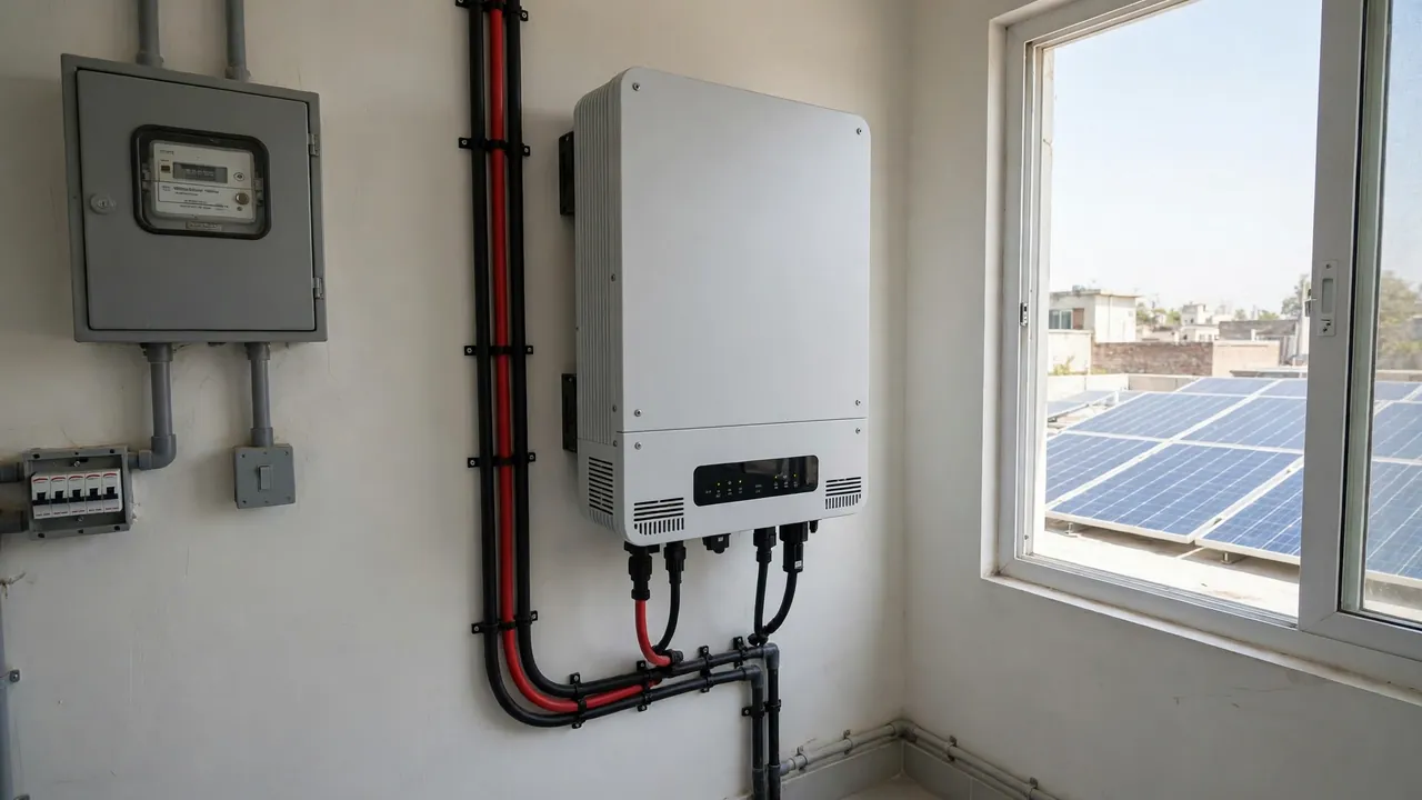 Wall-mounted grid-tie solar inverter connected to home electricity meter