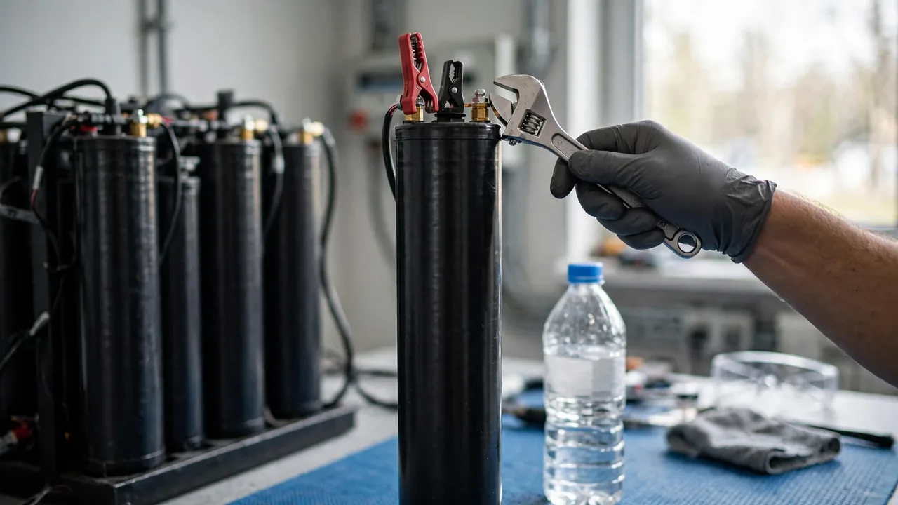 Solar battery maintenance check Checking battery water level and terminals during solar battery maintenance