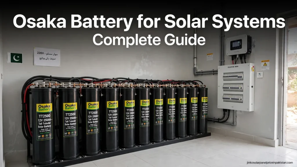 Osaka battery for solar in Pakistan: bank of tall tubular solar batteries wired in a home installation