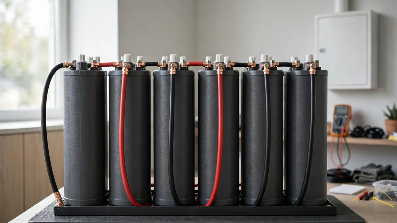 Tall tubular battery bank for solar Tall tubular battery bank connected with heavy cables for a solar power system