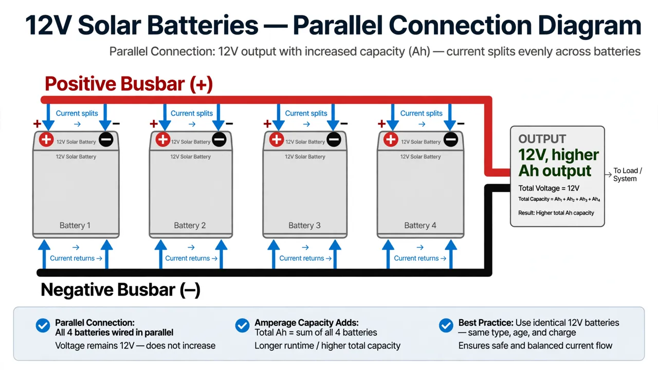 Wiring diagram showing solar batteries connected in parallel with common positive and negative busbars