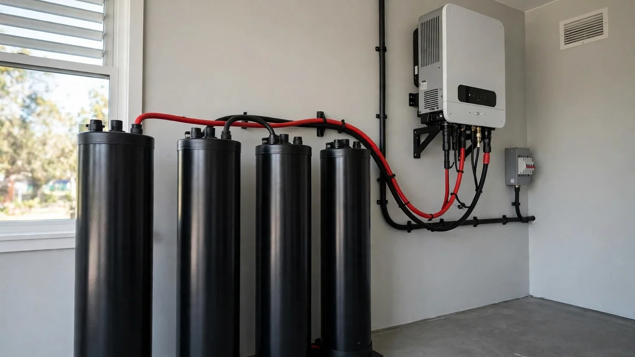 Phoenix tall tubular battery bank for solar Phoenix battery for solar in Pakistan: bank of tall tubular batteries wired for a home solar system