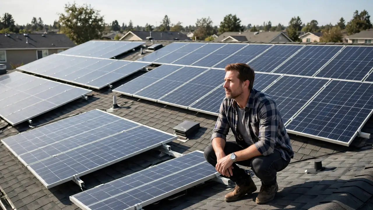 Homeowner checking rooftop space for solar panel installation