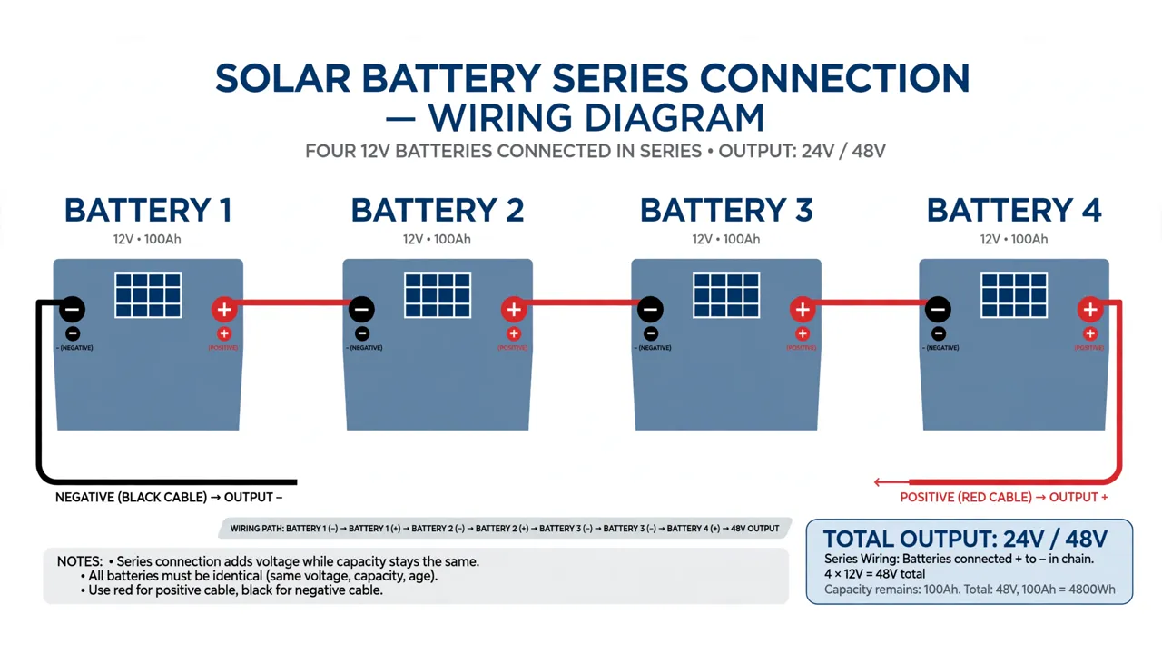 Wiring diagram showing solar batteries connected in series, positive to negative in a chain