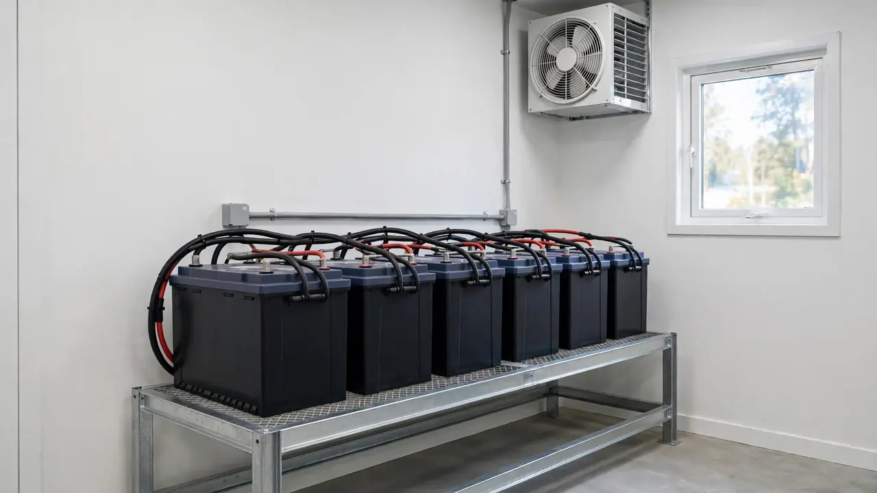 Well-ventilated solar battery bank installation Solar battery bank installed on a stand in a clean ventilated room with an exhaust fan
