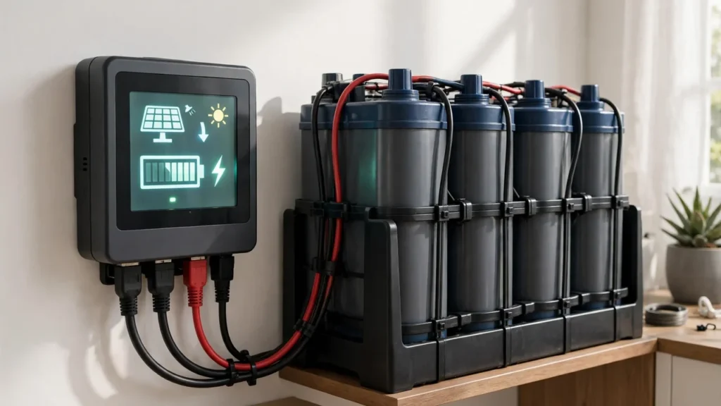 Solar charge controller display beside a tubular solar battery bank during charging