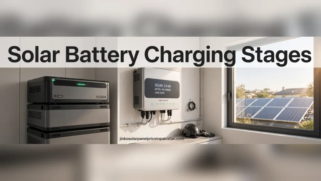 Solar battery charging stages explained: home solar battery bank beside a hybrid inverter