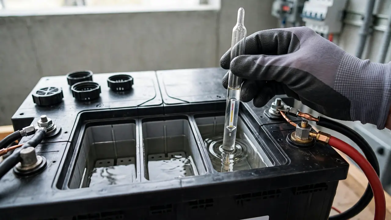 Checking electrolyte level in a flooded solar battery Checking electrolyte level in a flooded solar battery cell with a hydrometer