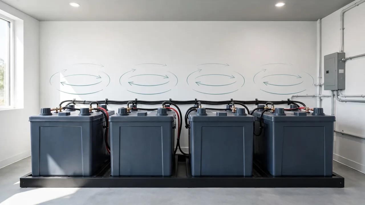 Deep-cycle solar batteries with cycle arrows representing repeated charge and discharge cycles