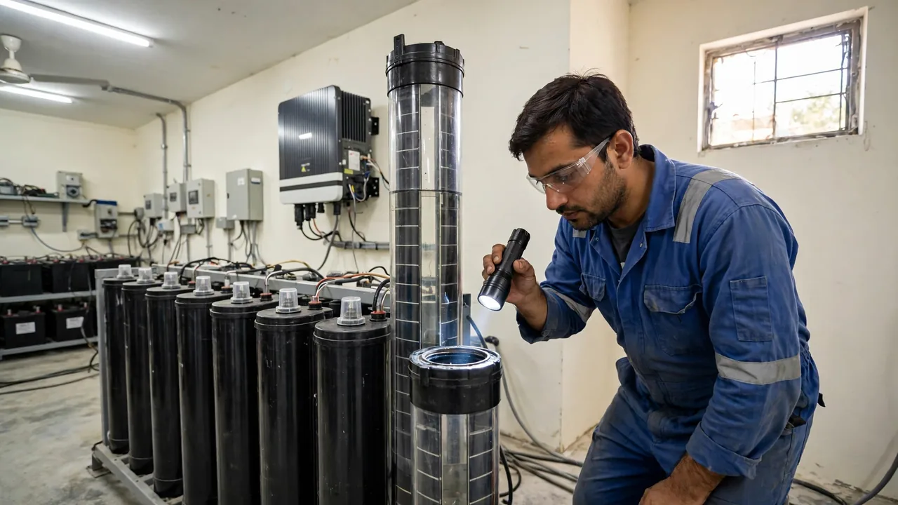 Solar battery maintenance checkup Technician checking solar battery water level during maintenance