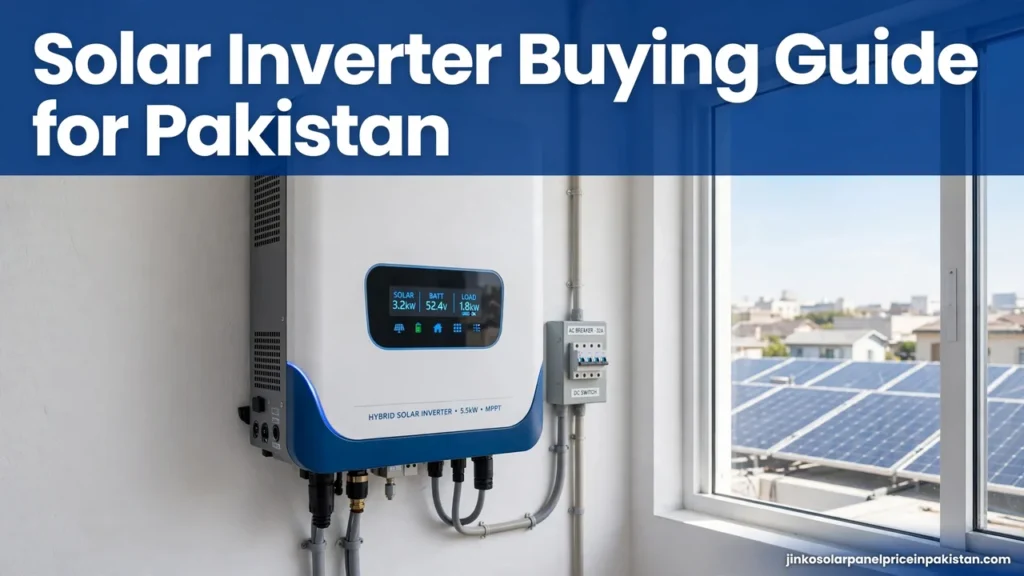 Solar inverter buying guide Pakistan — hybrid inverter mounted on wall with rooftop solar panels
