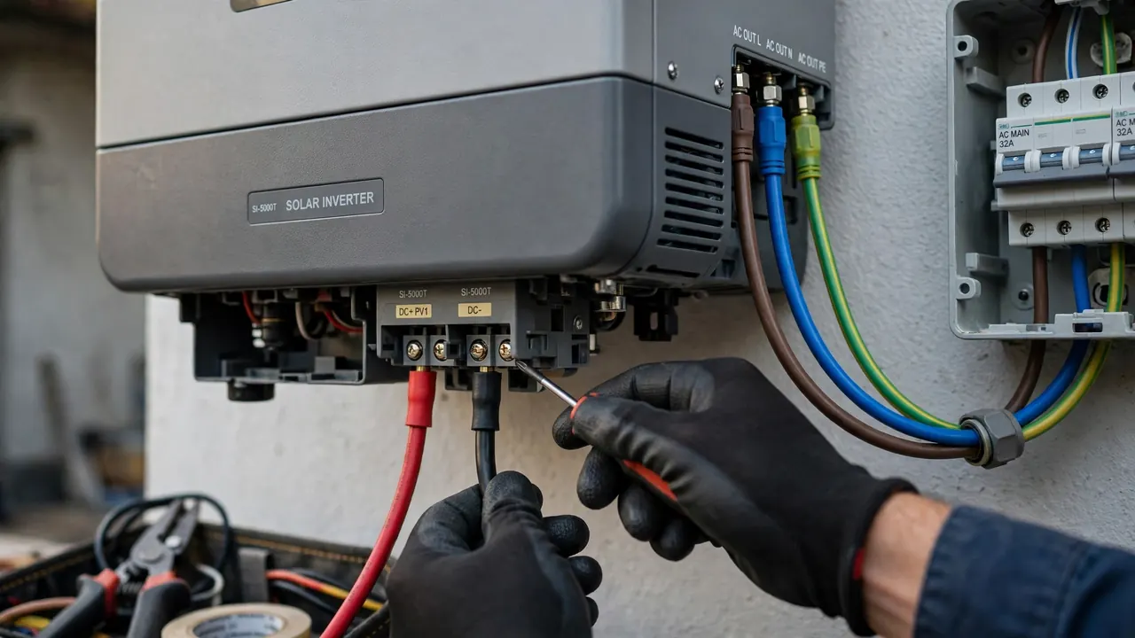 DC and AC wiring connections on a solar inverter Close-up of DC input and AC output cable connections on the bottom of a wall-mounted solar inverter