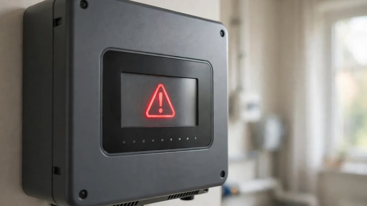 Reading an error code on a solar inverter display Close-up of a solar inverter display showing a red fault warning icon indicating an error code