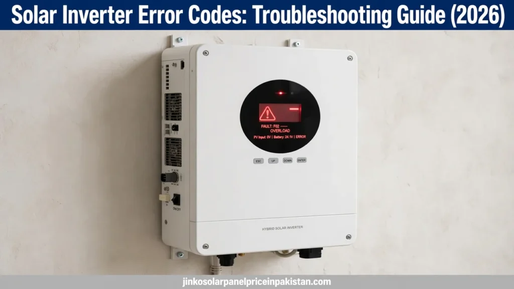 Solar inverter error codes troubleshooting guide — hybrid inverter showing a fault warning on its display, with article title overlay