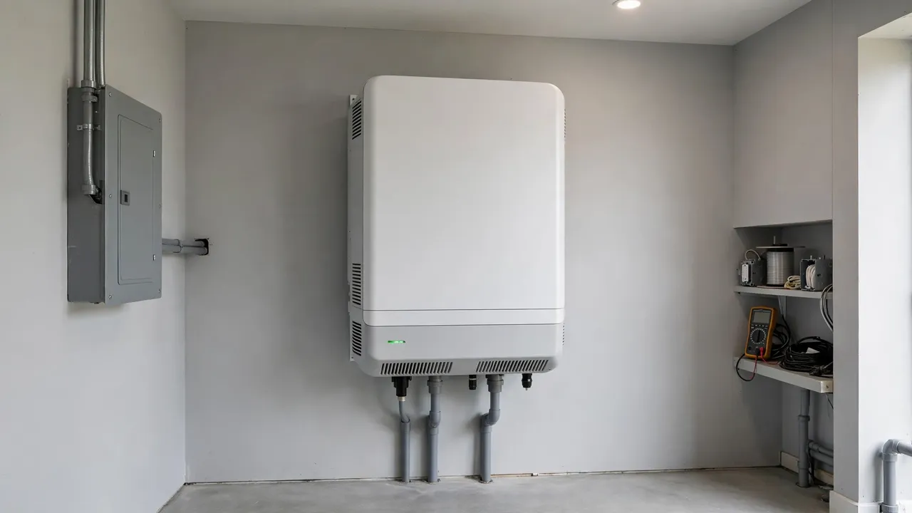 Wall-mounted solar inverter installed with clear ventilation space at home