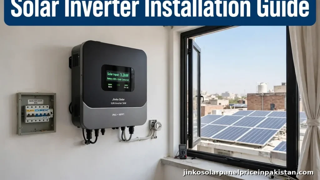 Complete solar inverter installation guide for Pakistan — wall-mounted hybrid inverter with rooftop solar panels and article title overlay