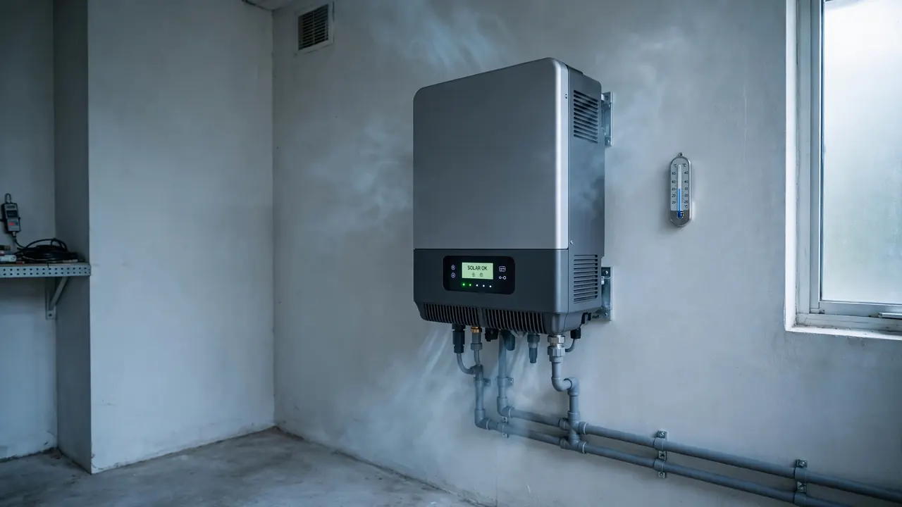 Choosing the right mounting location for a solar inverter Correct mounting location for a solar inverter on a cool shaded indoor wall with clear ventilation space around the unit