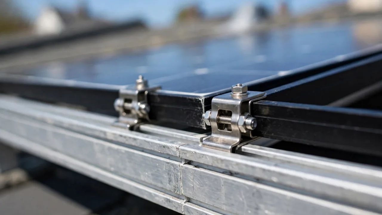 Solar Panel Mounting Structures (Stands) in Pakistan: Types, Installation & Buying Guide (2026) 2 Close-up of aluminum solar mounting rails and stainless steel clamps on a rooftop installation