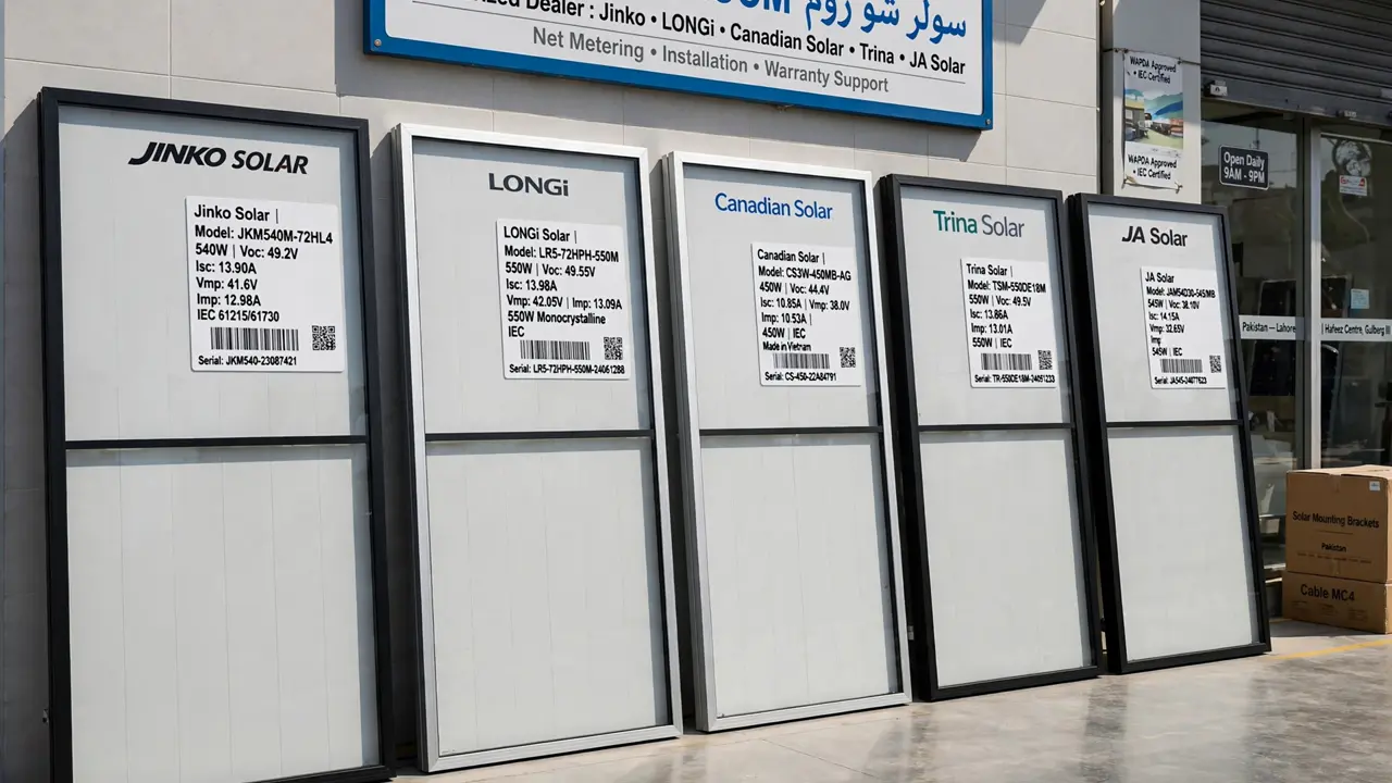 Best Solar Panel Brands in Pakistan (2026): Complete Comparison 2 Solar panels of different brands displayed with specification labels in a Pakistani showroom