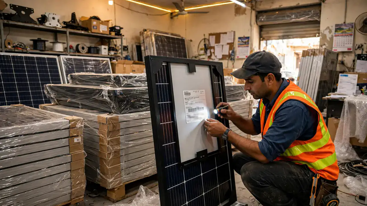 Best Solar Panel Brands in Pakistan (2026): Complete Comparison 3 Installer verifying a solar panel's back label and serial number at a dealership in Pakistan
