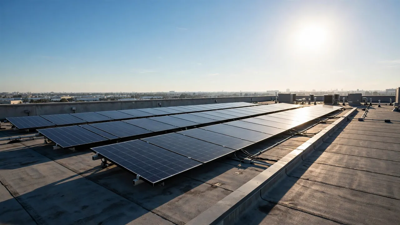 Rooftop solar panels in strong midday sunlight