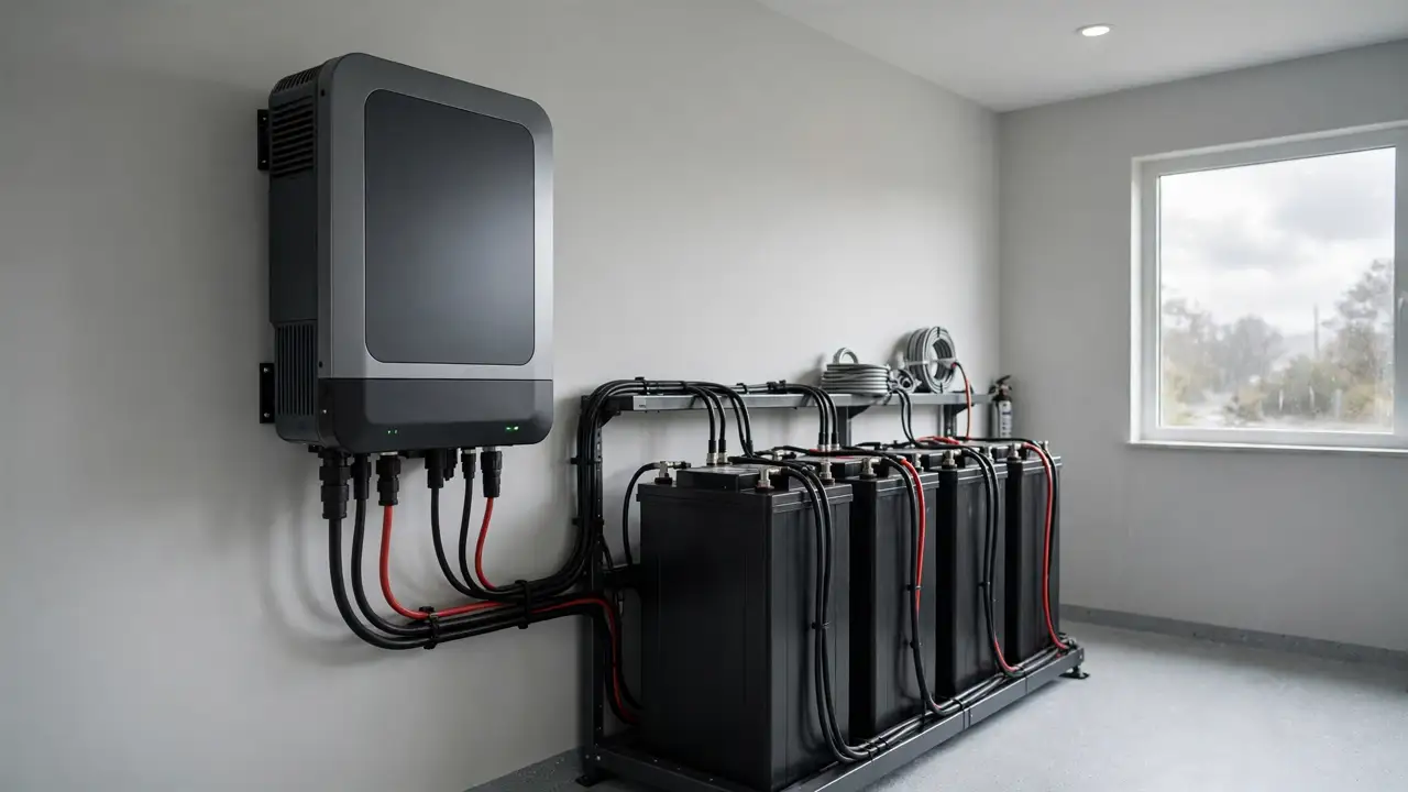Solis hybrid inverter with battery backup Solis hybrid inverter working with a solar battery bank to provide backup power during load shedding