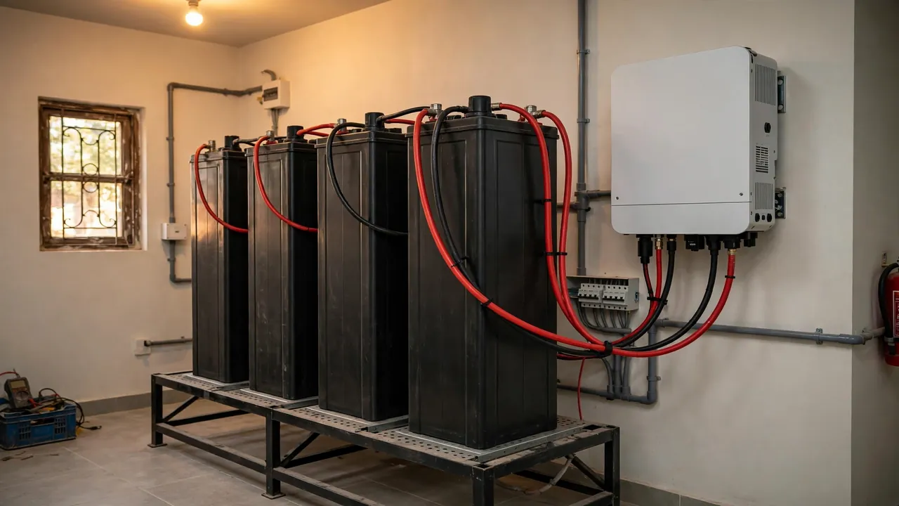 Tall tubular solar battery bank connected to a hybrid inverter in a Pakistani home