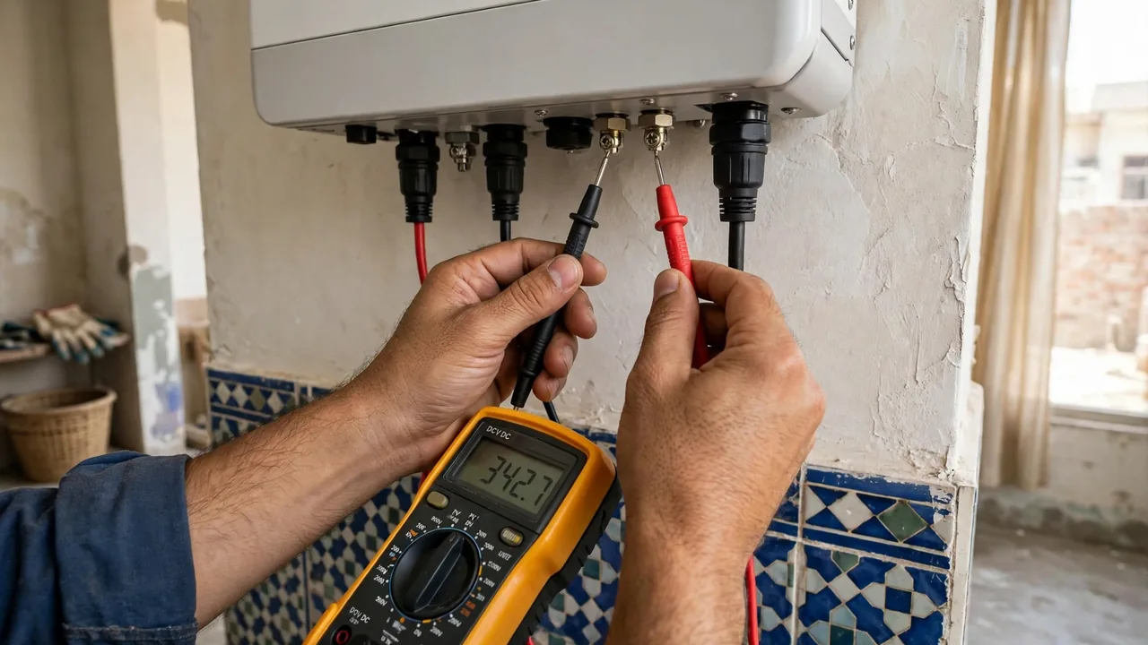 Professional diagnosis of a solar inverter fault Technician using a multimeter to test DC connections on a solar inverter during fault diagnosis