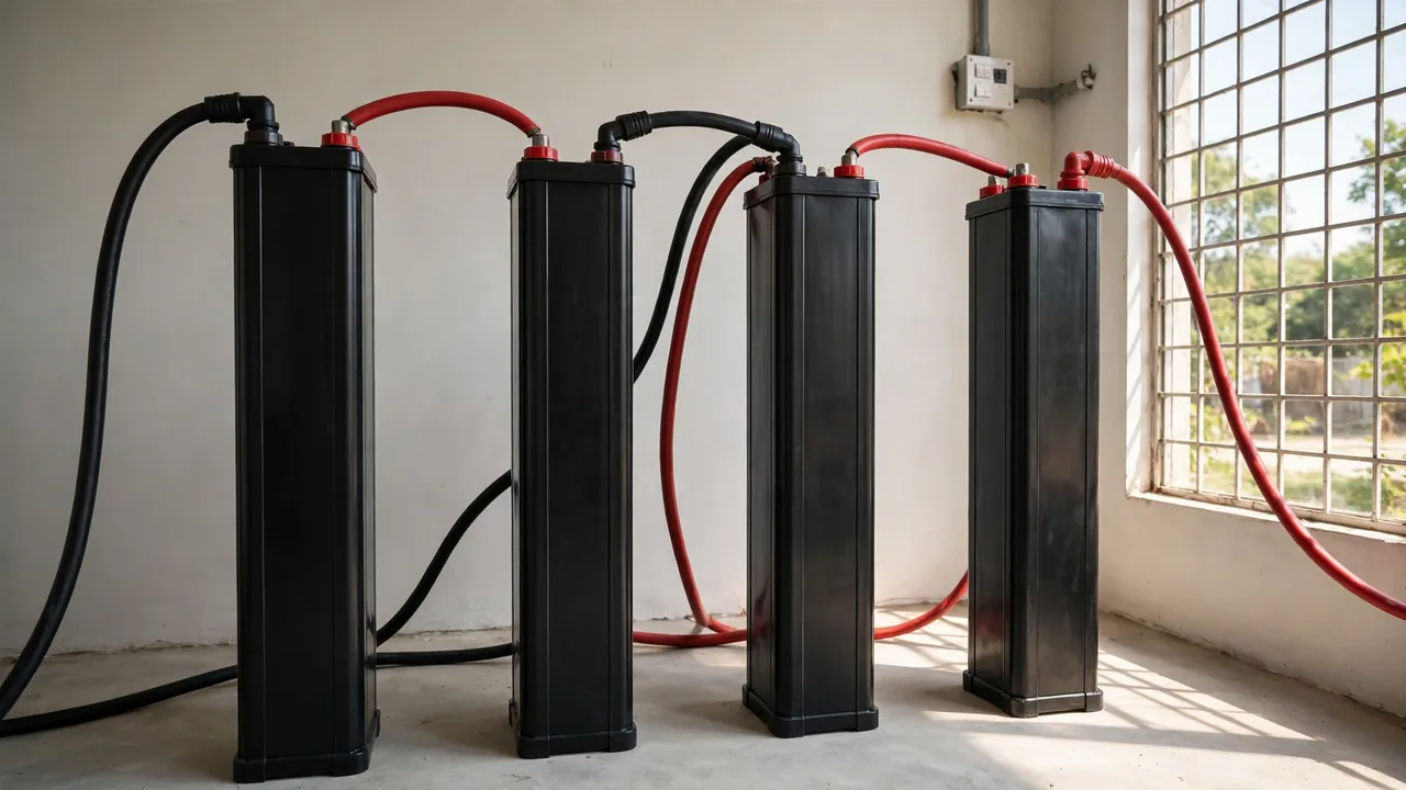Tall tubular battery bank for solar Bank of tall tubular batteries wired in series for a home solar installation