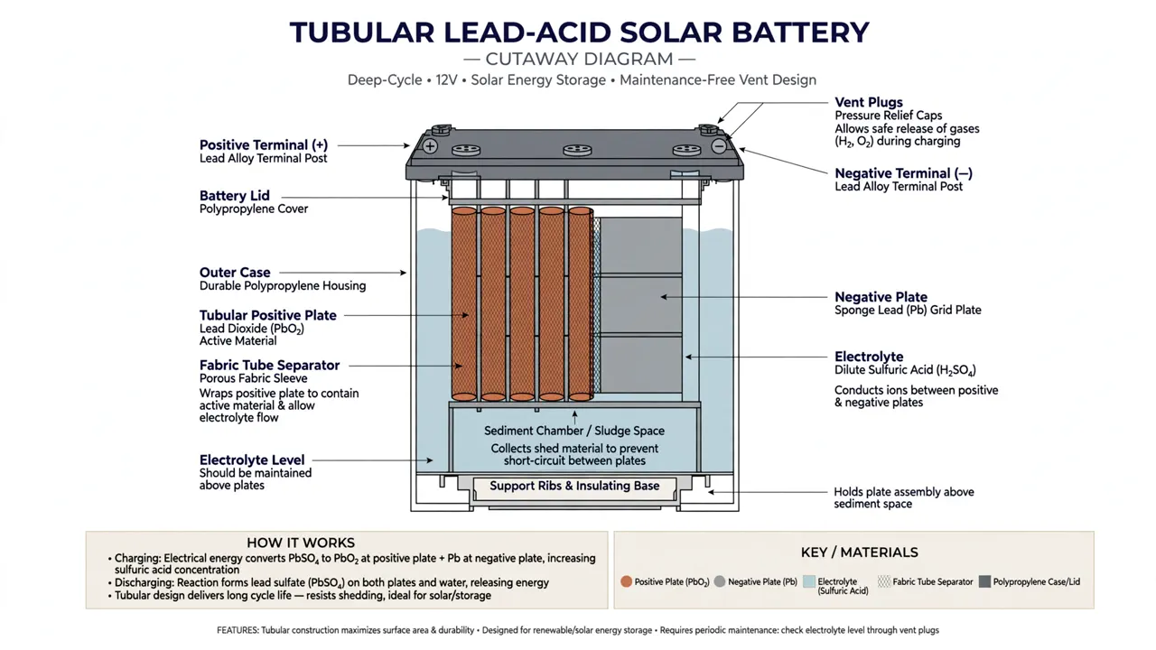 Cutaway diagram of a tall tubular lead-acid solar battery showing positive plates, fabric tube separators, terminals and electrolyte