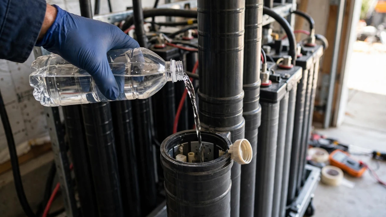 Tall Tubular Battery for Solar Systems: Complete Guide 3 Technician topping up distilled water in a tall tubular solar battery