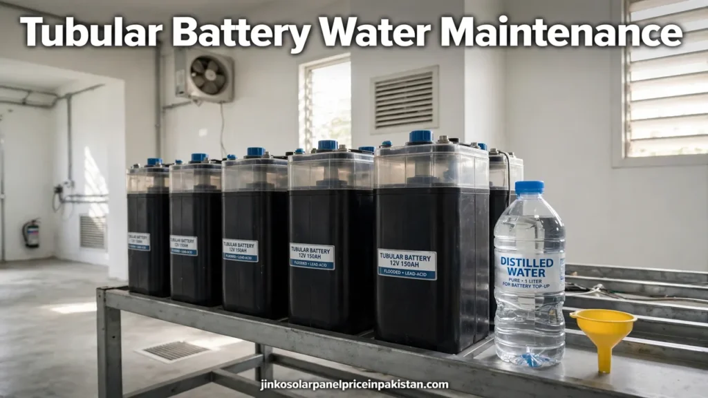 Tubular battery water maintenance: flooded tubular battery bank with a distilled water bottle and funnel