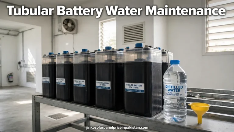 Tubular battery water maintenance: flooded tubular battery bank with a distilled water bottle and funnel