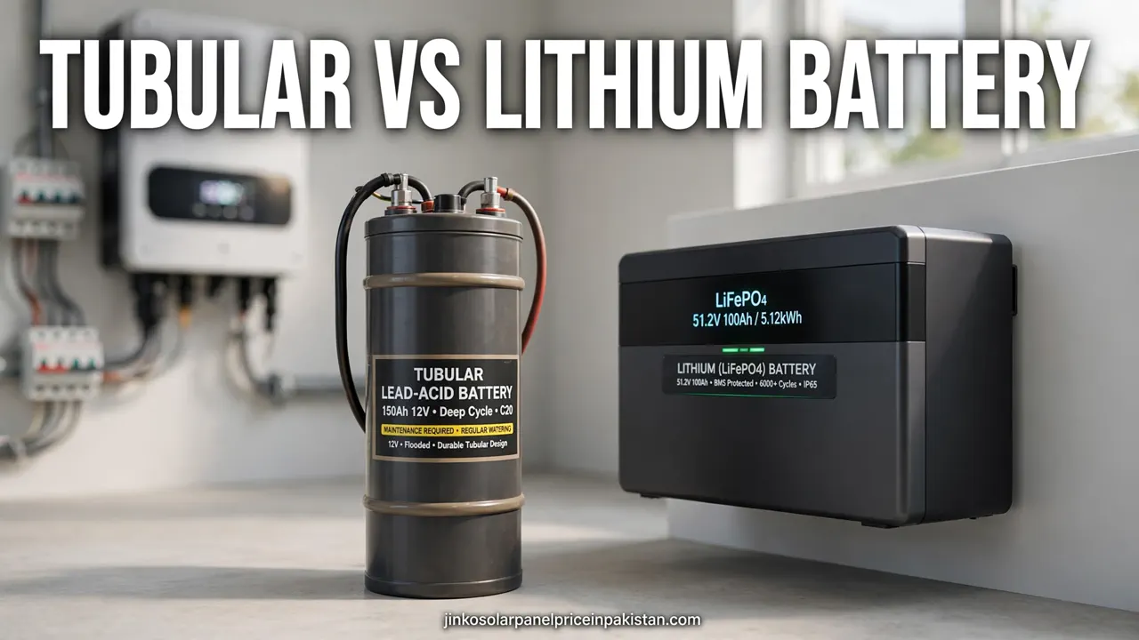 Tubular vs lithium battery for solar comparison: tall tubular lead-acid battery beside a wall-mounted lithium battery in a home installation