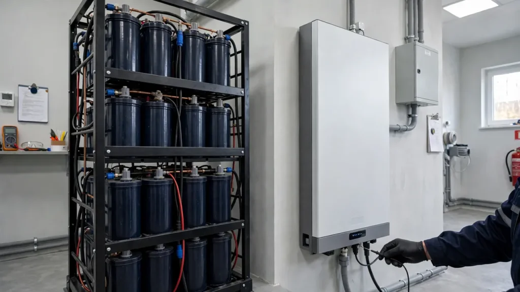 Battery Depth of Discharge (DoD) Explained for Solar Systems 3 Tall tubular lead-acid battery bank beside a slim wall-mounted lithium solar battery