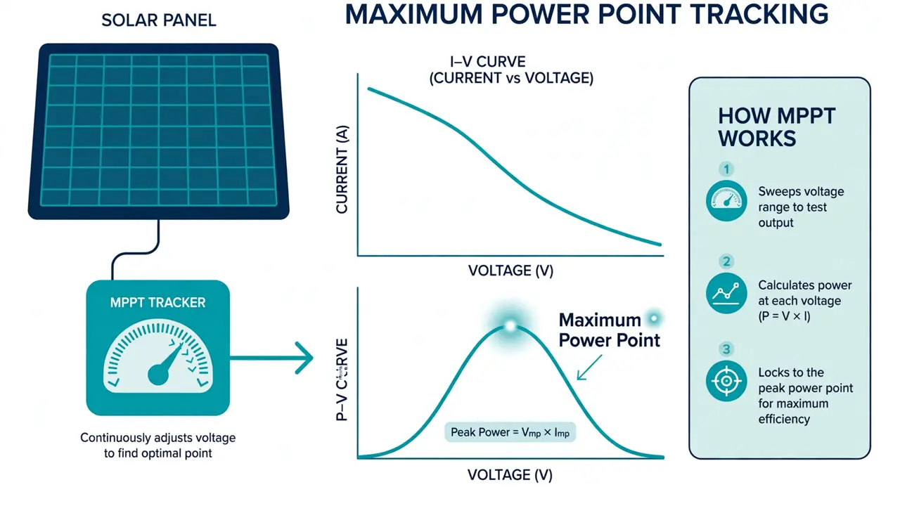 What Is MPPT in Solar Inverters? Complete Guide 2 Solar panel voltage-current curve with the maximum power point highlighted