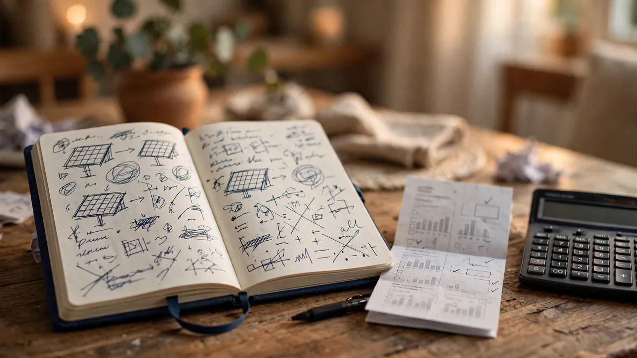 Notebook with a worked solar panel count calculation beside an electricity bill