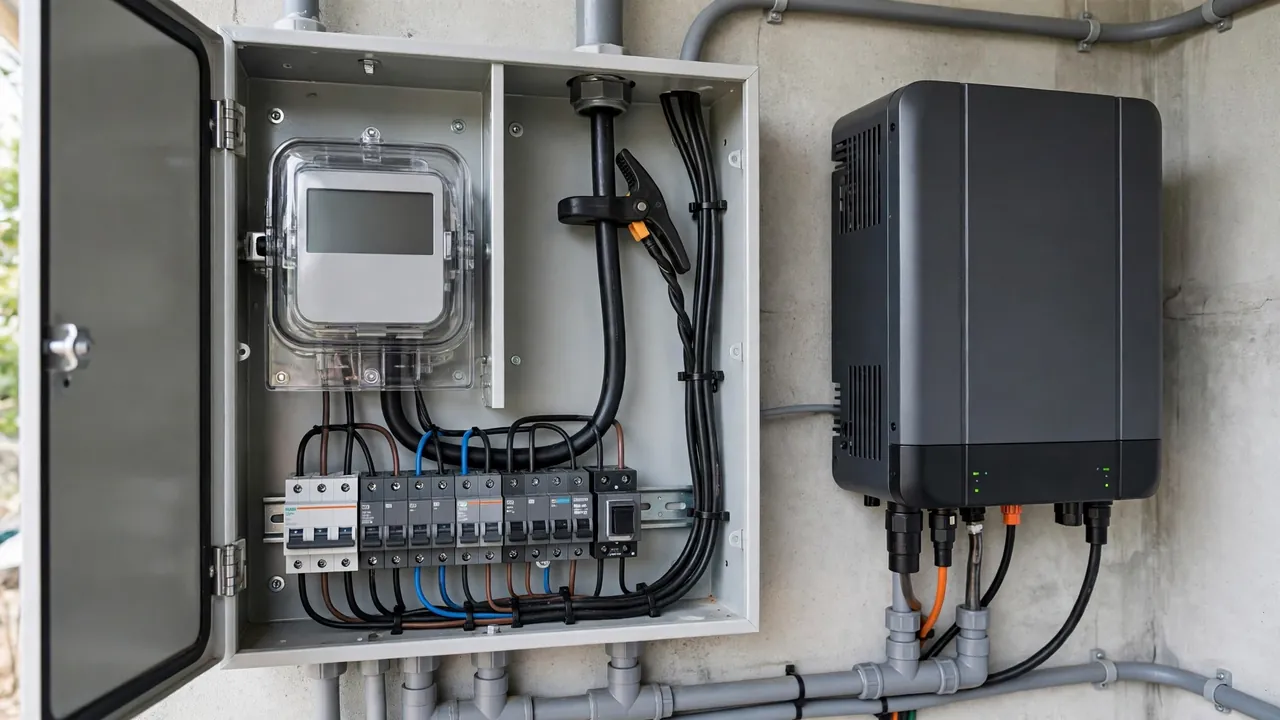 Current transformer sensor clamped on the main supply cable beside a solar inverter