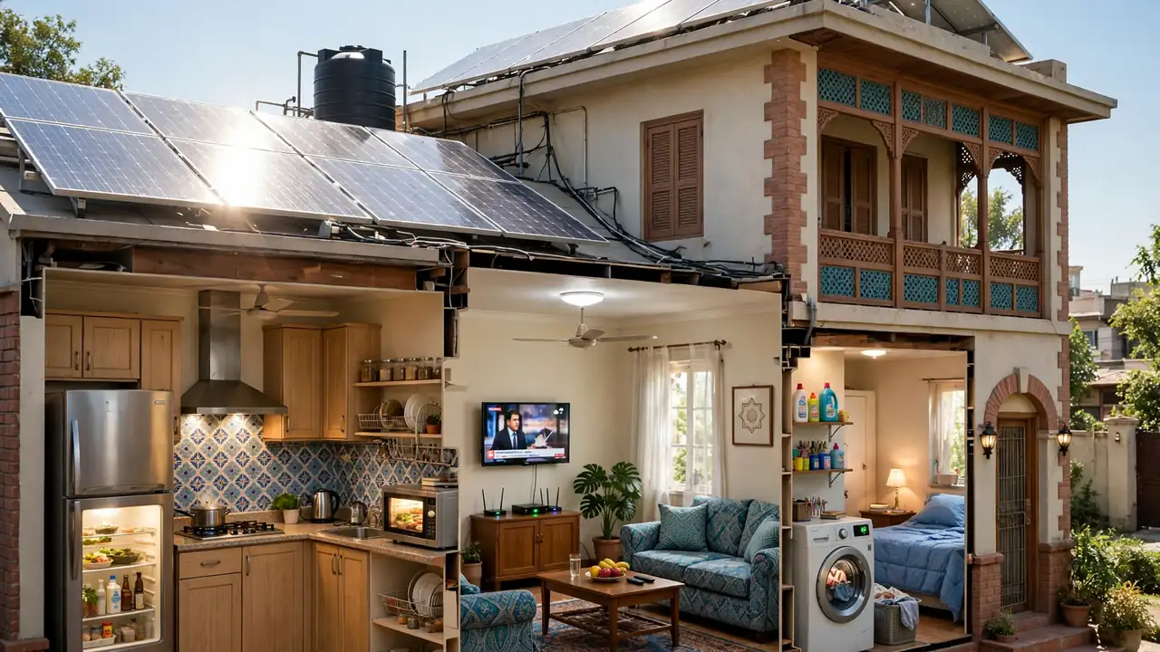 Home with rooftop solar panels using its own solar power during the day