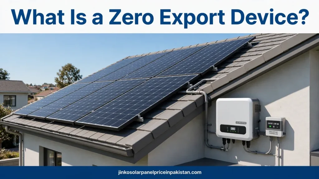 What is a zero export device solar guide featured image showing rooftop solar panels with an inverter and zero export controller